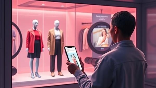 An engaging and futuristic digital illustration of a user interacting with the app, trying on virtual outfits in a virtual fitting room, with AI-powered style suggestions displayed on a sleek interface, showcasing convenience and fashion-forward technology.