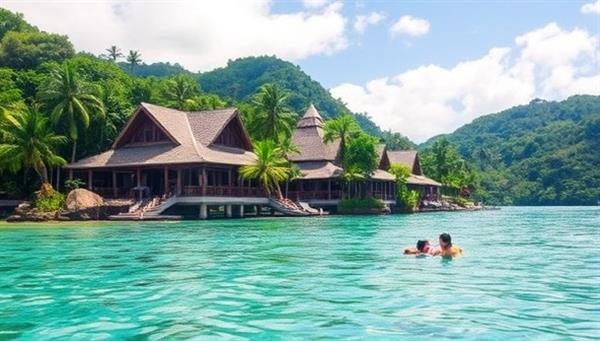 An enchanting visual featuring a serene eco-friendly resort surrounded by lush greenery and crystal-clear waters, with travelers engaging in responsible tourism activities like wildlife conservation or beach cleanups, embodying the essence of sustainable travel experiences curated by EcoEscape Concierge.