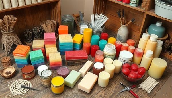 A cozy workshop setup with a variety of candle making supplies, including colorful wax blocks, fragrance oils, wicks, and molds, arranged on a rustic wooden table with craft tools and finished candles in different shapes and sizes, creating a warm and inviting ambiance for creativity.