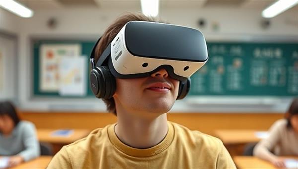 An individual wearing a VR headset immersed in a virtual classroom setting, practicing a new language with an AI tutor and interacting with virtual classmates, showcasing the innovative and engaging language learning experience.