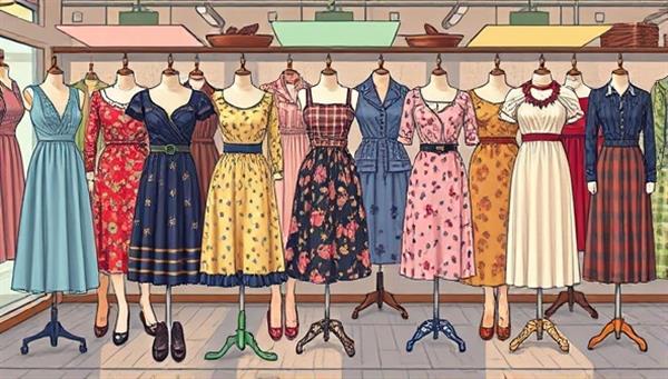 An artistic digital illustration featuring a diverse array of vintage fashion pieces on display, including dresses, accessories, and shoes from different eras, styled on mannequins and displayed in a retro-inspired setting, capturing the nostalgic and stylish essence of the RetroStyle Hub marketplace in a visually captivating manner.