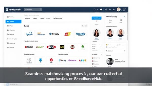 A digital interface displaying a dynamic dashboard with brand logos and influencer profiles, showcasing a seamless matchmaking process and potential collaboration opportunities on BrandfluenceHub, emphasizing the platform