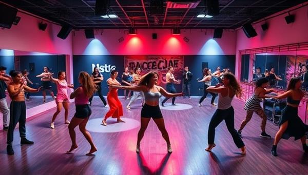 A dynamic virtual dance studio setup with diverse dancers practicing different styles, instructors leading classes, and a vibrant atmosphere filled with music and movement, capturing the energy and excitement of a live dance studio experience.