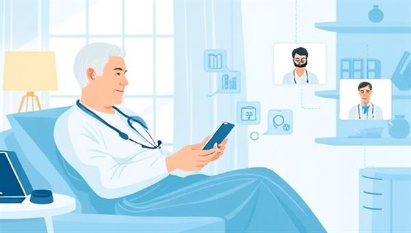 A dynamic visual of a patient using remote monitoring devices at home, with healthcare professionals remotely accessing the data for analysis and providing virtual consultations, showcasing the seamless and proactive care approach of VitaCare Link in managing chronic conditions through remote patient monitoring services.