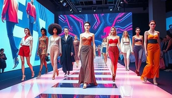 An artistic visual displaying a virtual fashion show runway with digital models showcasing diverse and innovative virtual designs created by users, set against a futuristic and dynamic backdrop, capturing the creativity and boundary-pushing nature of virtual fashion design.
