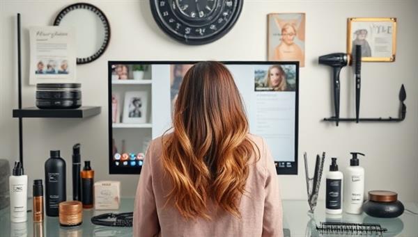 A virtual hair consultation setup with a hairstylist analyzing hair health on a video call, surrounded by haircare products, styling tools, and visual aids, exuding professionalism and expertise in haircare solutions.