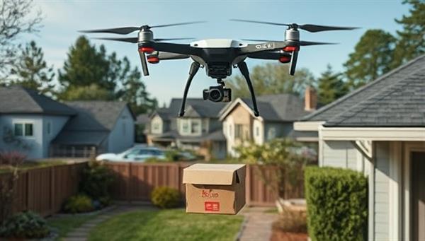 A suburban neighborhood with a drone hovering above a residential property, gently lowering a package into the recipient