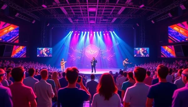 A virtual concert hall filled with animated avatars of attendees enjoying a vibrant music performance on stage, colorful lighting effects, and interactive chat features, capturing the essence of a virtual reality concert experience on the platform.