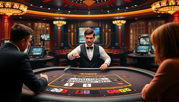 An exciting image of a professional dealer hosting a live casino game, interacting with virtual players on a digital interface, with realistic casino settings and immersive graphics, capturing the thrill of live-streamed casino gaming on the platform.