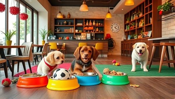 An inviting cafe setting with colorful pet bowls, playful toys, and happy pets socializing in a designated play area, evoking a sense of community and joy for both pets and their owners.