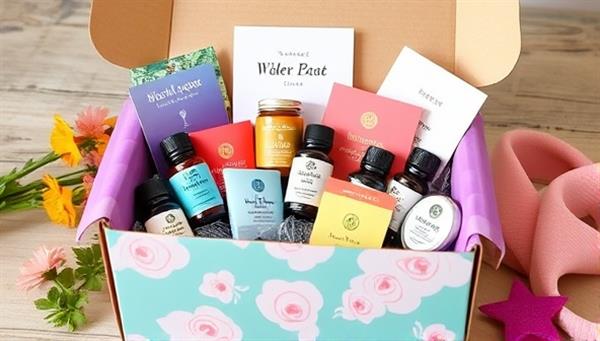 A beautifully designed wellness box overflowing with colorful products like herbal teas, essential oils, workout accessories, and motivational cards, exuding a sense of balance and holistic well-being.