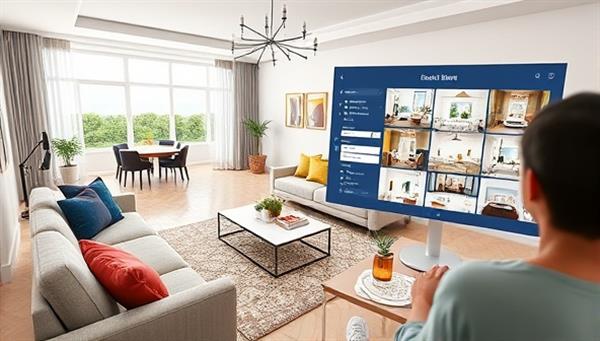 A virtual room rendering showcasing a beautifully designed living space with modern furniture, vibrant colors, and stylish decor elements, with a user exploring different design options on a computer screen, highlighting the virtual design consultation process.