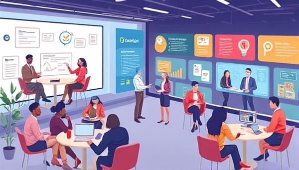 An engaging digital illustration featuring a virtual career development center with interactive workshops, career coaching sessions, and networking events, showcasing diverse professionals engaging in skill-building activities and mentorship programs, symbolizing career growth and professional success in the digital landscape.