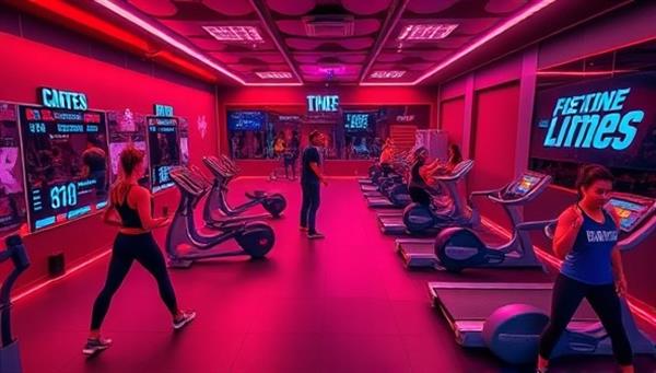 A virtual gym environment with diverse workout stations, digital fitness trackers displaying progress, avatars of participants engaging in challenges, and motivational quotes on the walls, creating an immersive and energizing fitness space.