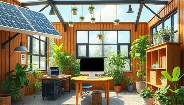 An artistic representation of a website design studio powered by solar panels, with green plants and recycled materials adorning the workspace, symbolizing the eco-friendly ethos of GreenWebCraft.