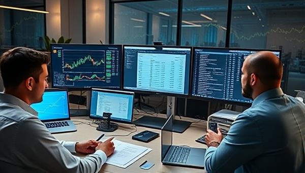 A modern office setup with a team of accountants reviewing digital ledgers and crypto transaction records on multiple screens, surrounded by blockchain graphics and crypto hardware wallets, highlighting the expertise and specialization of CryptoLedger Consult in cryptocurrency accounting.