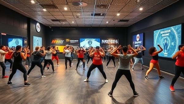 An energetic fitness studio filled with enthusiastic participants engaging in dynamic workout challenges and exercises, surrounded by motivating brand-sponsored content and interactive ad displays, creating a vibrant and inspiring atmosphere that blends fitness motivation with advertising creativity.