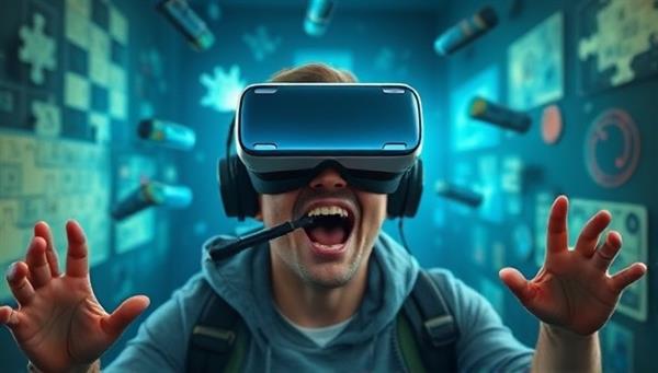 An exciting visual of a player wearing a VR headset, surrounded by digital puzzles and mysterious elements, illustrating the immersive and interactive nature of the VR Escape Room experience.