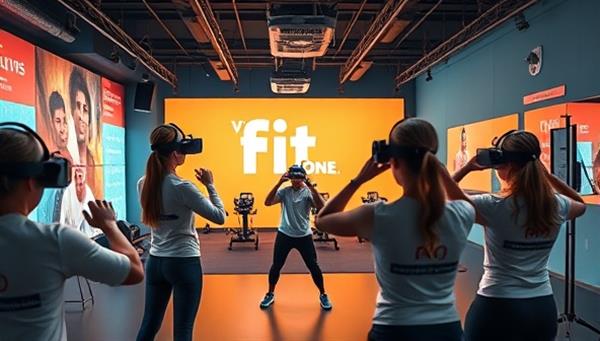 An immersive visualization of a virtual fitness studio with users wearing VR headsets, following a fitness instructor
