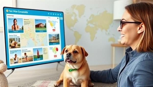 A virtual pet travel consultation session in progress, with a travel expert showcasing pet-friendly accommodation options, transportation tips, and destination highlights on a digital map, while a happy pet owner plans their next adventure with their furry companion, illustrating the joy of pet-friendly travel experiences.