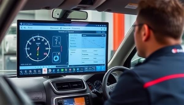 An experienced auto technician conducting a virtual car diagnostic session with a customer via video call, displaying a digital interface of vehicle diagnostic data and repair recommendations, illustrating the convenience and efficiency of using AutoCare Remote Assist for car maintenance support.
