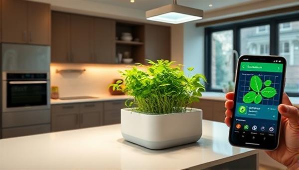 An elegant home kitchen with a sleek aquaponics system on the countertop, lush green plants thriving under LED grow lights, and a smartphone displaying the app interface for monitoring plant health, illustrating the marriage of technology and sustainable living.