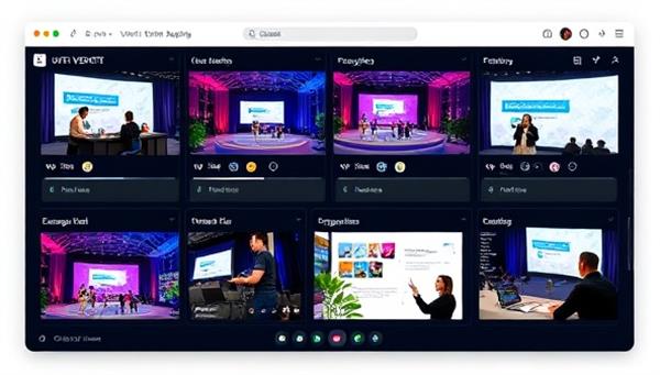 A virtual event planning dashboard showcasing various online event setups, interactive features, and engagement tools, with a team of event planners collaborating virtually on a project, representing efficient and dynamic virtual event management services provided by the company.