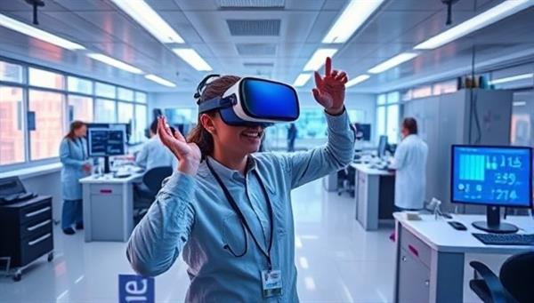 An immersive VR environment featuring a user exploring a digital representation of a workplace, interacting with virtual colleagues and completing tasks related to a specific profession, creating a stimulating and informative career exploration experience.