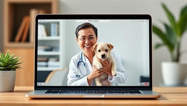 A laptop screen showing a veterinarian in a virtual consultation with a smiling pet owner holding a small dog, conveying a sense of care and expertise in a virtual setting.