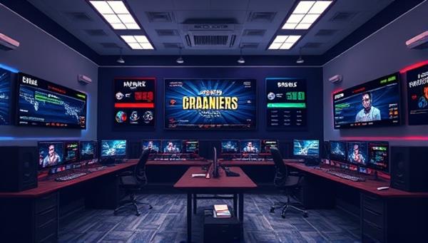 An artistic representation of a digital talent agency office with screens displaying gaming tournaments, content creation stats, and brand partnership opportunities, showcasing a dynamic and professional environment for gaming talents to thrive and succeed.