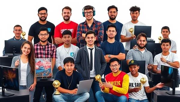 An array of diverse gaming professionals represented by the agency, each featured in a dynamic pose with their gaming setup, trophies, and brand endorsements, symbolizing success, talent, and the collaborative support provided by the virtual gaming talent agency.