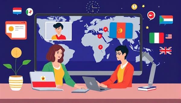 An illustrative depiction of a virtual language exchange session, showing users from different countries engaging in conversation via video call, with language learning resources and cultural symbols in the background, symbolizing global connections and language diversity.