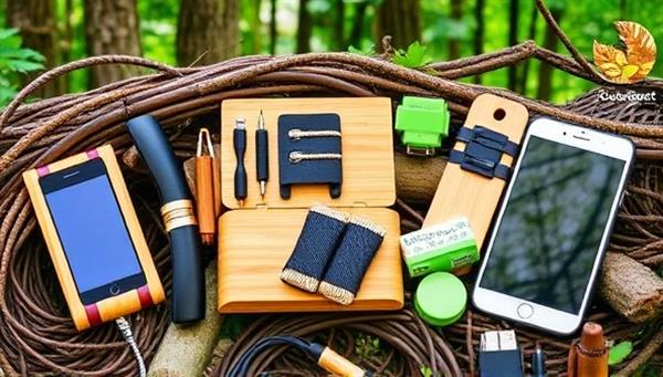 A collection of eco-friendly telecommunications accessories arranged in a natural setting, showcasing the bamboo cases, recycled cable organizers, and biodegradable screen protectors in a visually appealing and environmentally conscious display for EcoConnect Accessories.