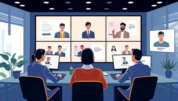 An illustration showing a diverse group of professionals in a virtual meeting room, engaging in a career coaching session with digital screens displaying career tips and strategies, symbolizing growth and development.
