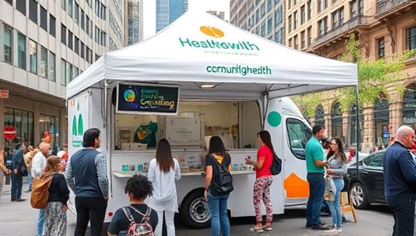 A mobile health screening unit parked in a bustling urban setting, with a diverse group of individuals engaging in screenings under a branded canopy, conveying accessibility and community health awareness.
