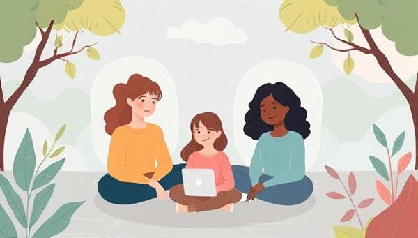 A soothing digital illustration of diverse individuals connecting virtually with therapists, surrounded by calming nature elements like trees and water, conveying a sense of peace and support.