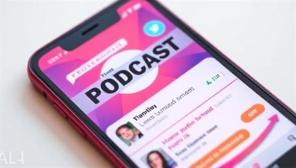 A smartphone screen displaying a podcast app with vibrant interactive elements like chat bubbles, voting buttons, and live feedback, showcasing a dynamic and engaging listening experience.