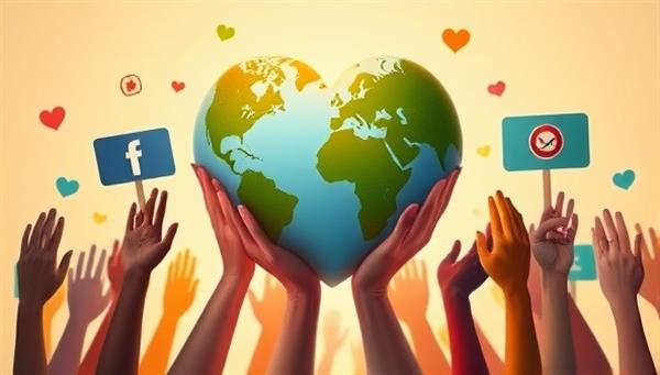 An emotionally resonant visual featuring a heart-shaped globe surrounded by diverse hands holding up symbols of social causes, conveying the essence of Causefluence