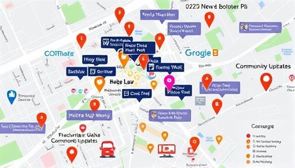 A vibrant digital map of a neighborhood with colorful markers pinpointing local news stories, events, and community updates, surrounded by icons representing local businesses and organizations, creating a visual representation of a connected community hub.