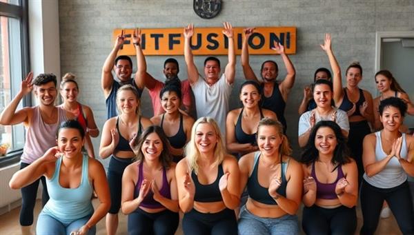 A diverse group of individuals participating in a virtual fitness challenge together, engaging in various workout activities and cheering each other on, showcasing the supportive and motivating community atmosphere of FitFusion in a dynamic and energetic setting.