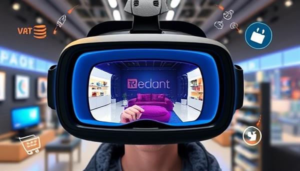A virtual reality headset displaying a user immersed in a lifelike virtual showroom environment, interacting with products and exploring different sections, surrounded by futuristic tech gadgets and e-commerce logos, conveying the innovative and immersive nature of VRetailSpace.