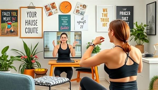 A vibrant and engaging virtual health coaching session, with a coach guiding a client through a workout routine via a video call, surrounded by motivational posters and healthy snacks in the background.