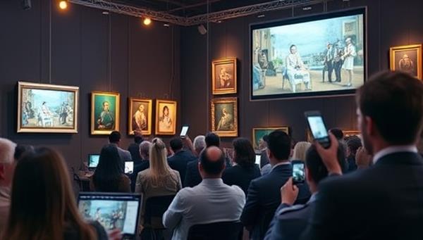 An online art auction event in progress, featuring a diverse audience of bidders interacting virtually, with artworks displayed on digital screens and bidding paddles glowing on the screen, capturing the excitement and sophistication of live virtual art auctions.