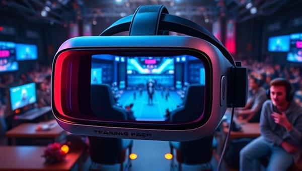A dynamic VR headset displaying a futuristic eSports arena with digital avatars engaged in intense competition, surrounded by a high-tech gaming setup and cheering spectators, illustrating the immersive and competitive nature of the training platform.