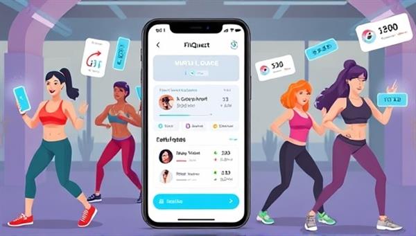 An energetic image of users engaging in virtual fitness challenges through the FitQuest Challenge app, with animated avatars showcasing workout routines, progress tracking metrics, and virtual social interactions, illustrating the gamified and social nature of the fitness app.