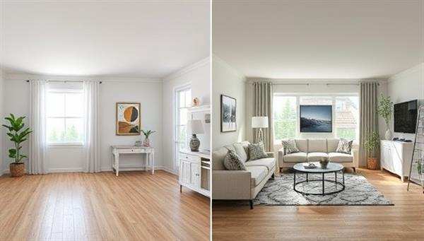 A side-by-side comparison image of a vacant room and the same room virtually staged with modern furniture, decor, and lighting, demonstrating the visual impact of virtual staging on property listings.
