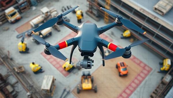 A drone flying over a construction site capturing aerial footage of workers in safety gear, equipment operations, and site layout, with real-time data overlays highlighting safety zones and potential hazards, demonstrating advanced monitoring technology for construction safety.