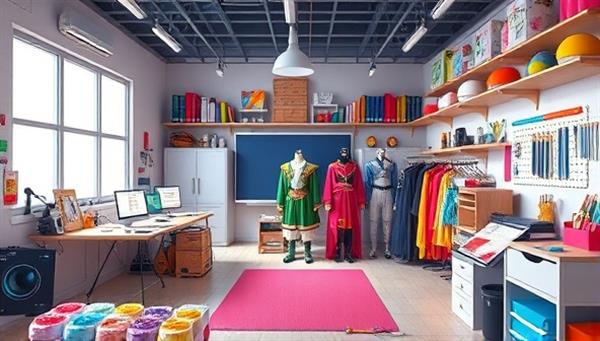 An imaginative scene of a virtual cosplay studio filled with digital tools, materials, and colorful costumes, where subscribers can design and create their cosplay masterpieces, highlighting the creative and interactive experience offered by CosplayVerse.