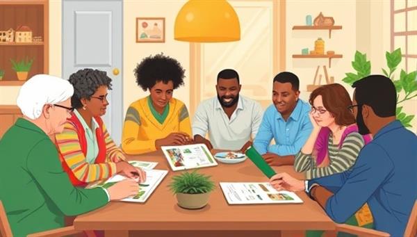 An image illustrating a diverse group of neighbors gathered around a table, discussing real estate investment opportunities and reviewing property listings, showcasing the collaborative and community-driven nature of NeighborInvest Networks.
