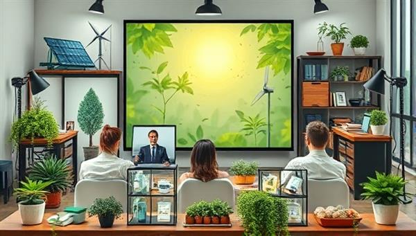 An inspiring visual of a virtual sustainable living workshop, with participants discussing eco-friendly practices in a digital setting, surrounded by images of renewable energy sources, zero-waste products, and lush greenery, conveying a sense of community and environmental stewardship.